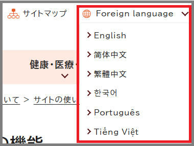 Foreign Languageメニューを開いた画面