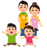 イラスト：エプロンを付けた笑顔の大人と嬉しそうな子供二人